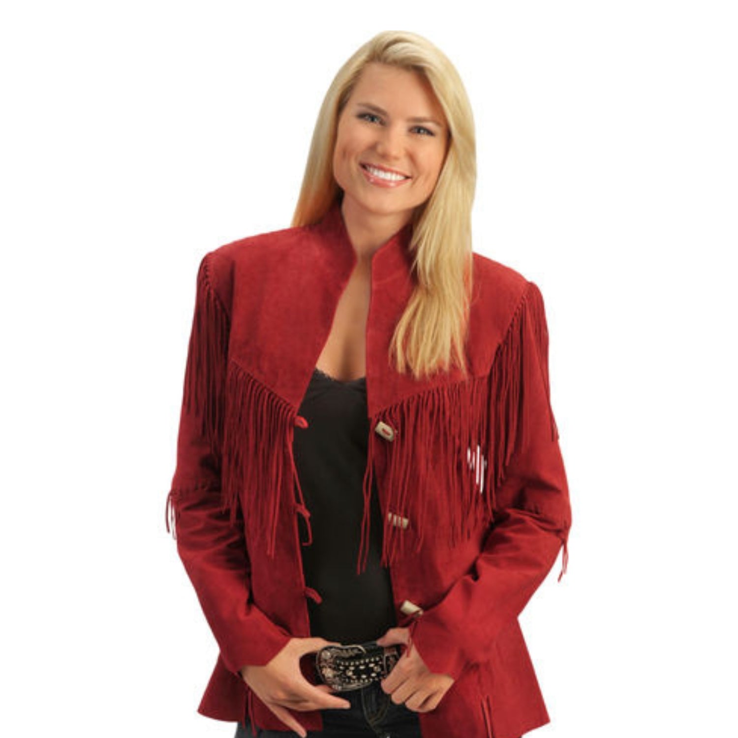 Western Red Suede Fringes Cowgirl Jacket front view