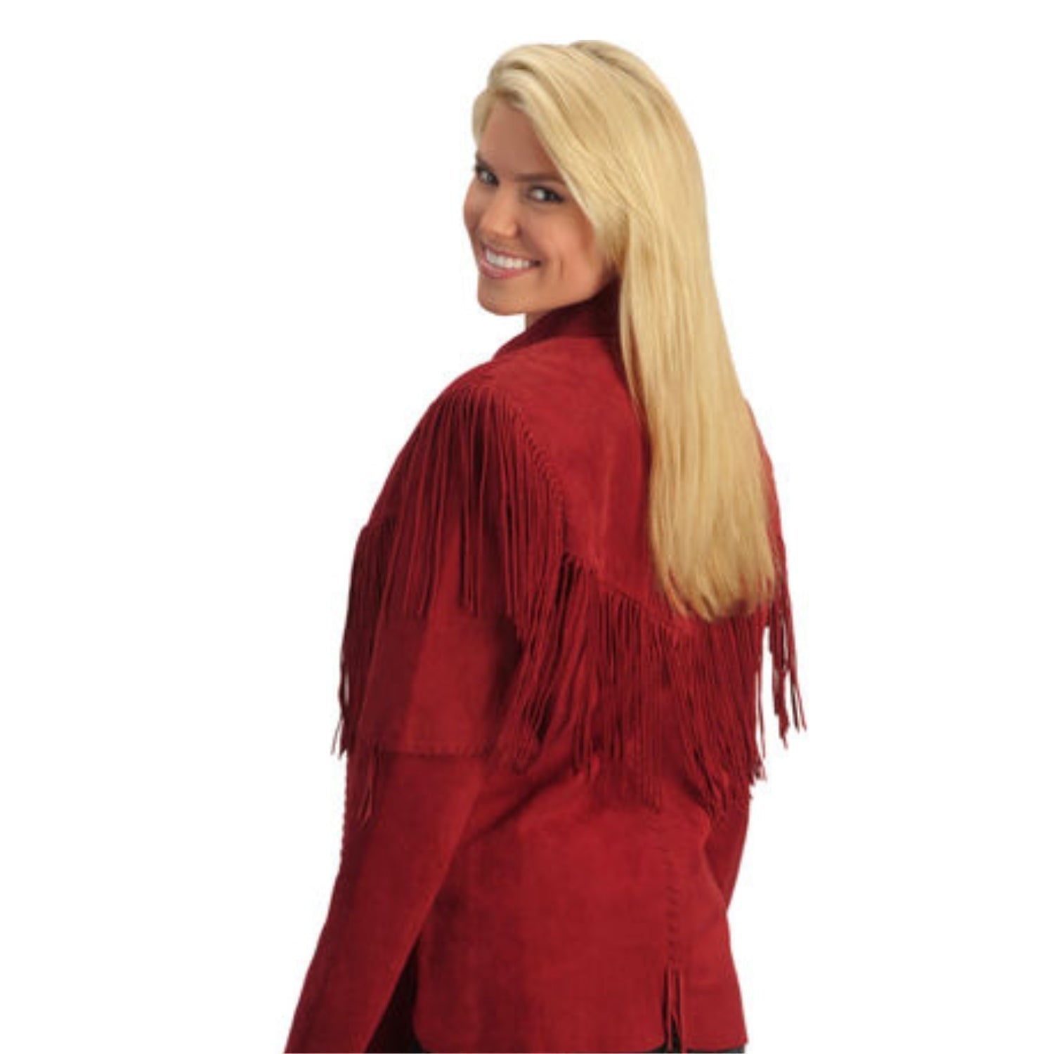 Western Red Suede Fringes Cowgirl Jacket side view