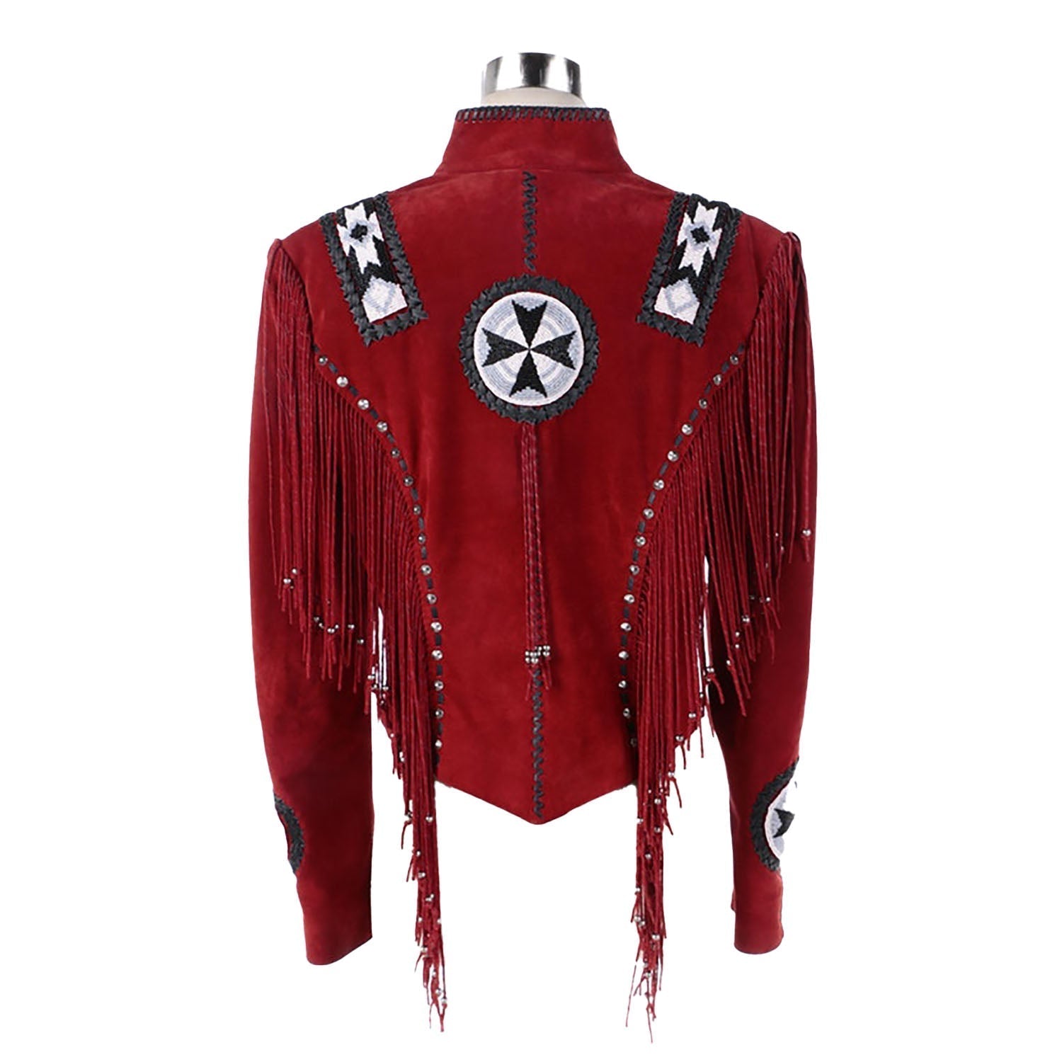 Western Red Suede Leather Fringe Beaded Jacket side view