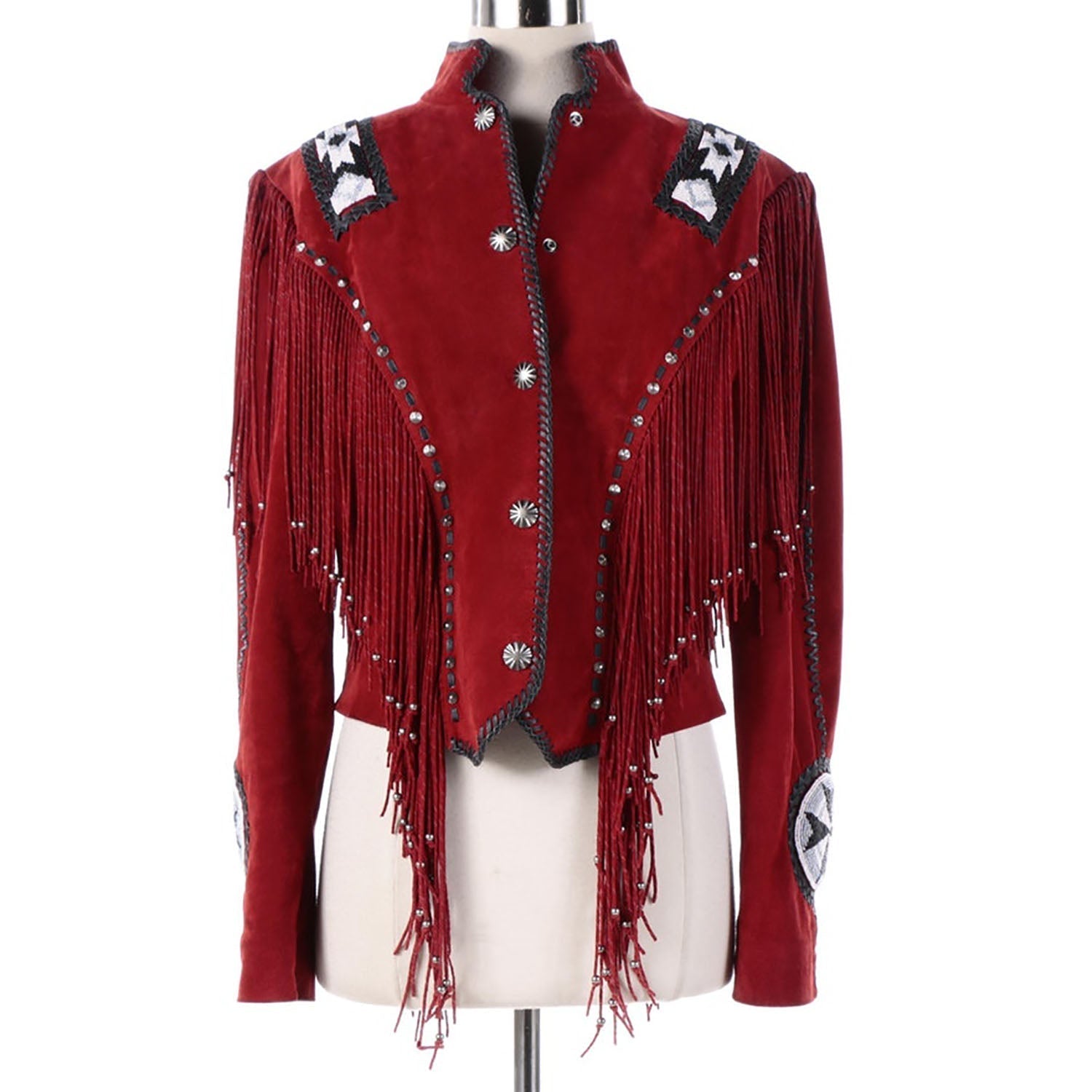 Western Red Suede Leather Fringe Beaded Jacket front view