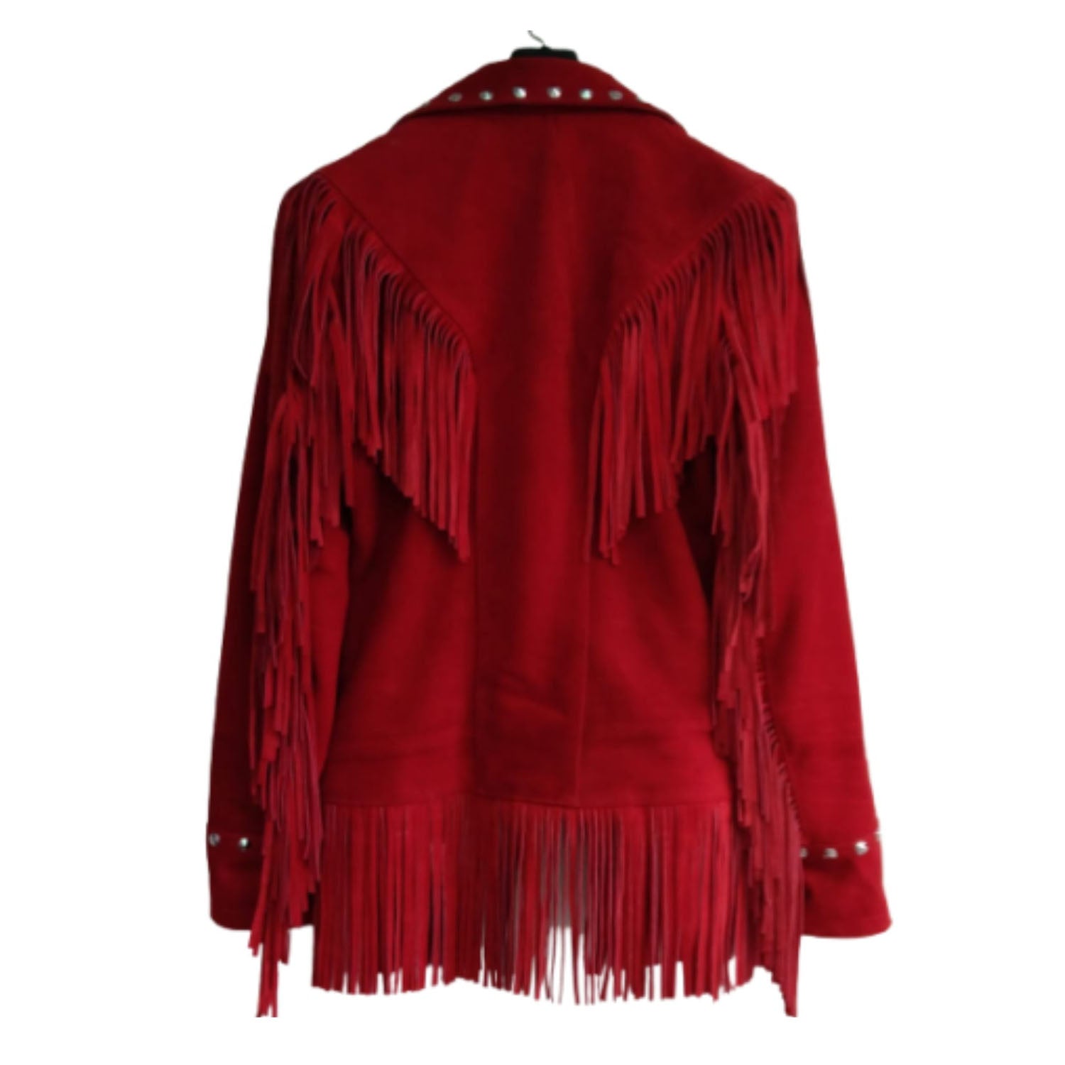 Western Red Suede Leather Fringe Cowgirl Jacket side view
