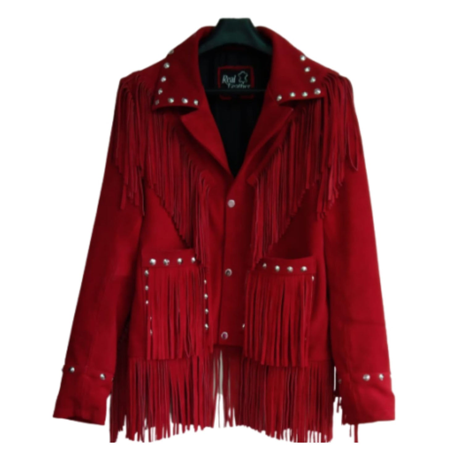 Western Red Suede Leather Fringe Cowgirl Jacket front view