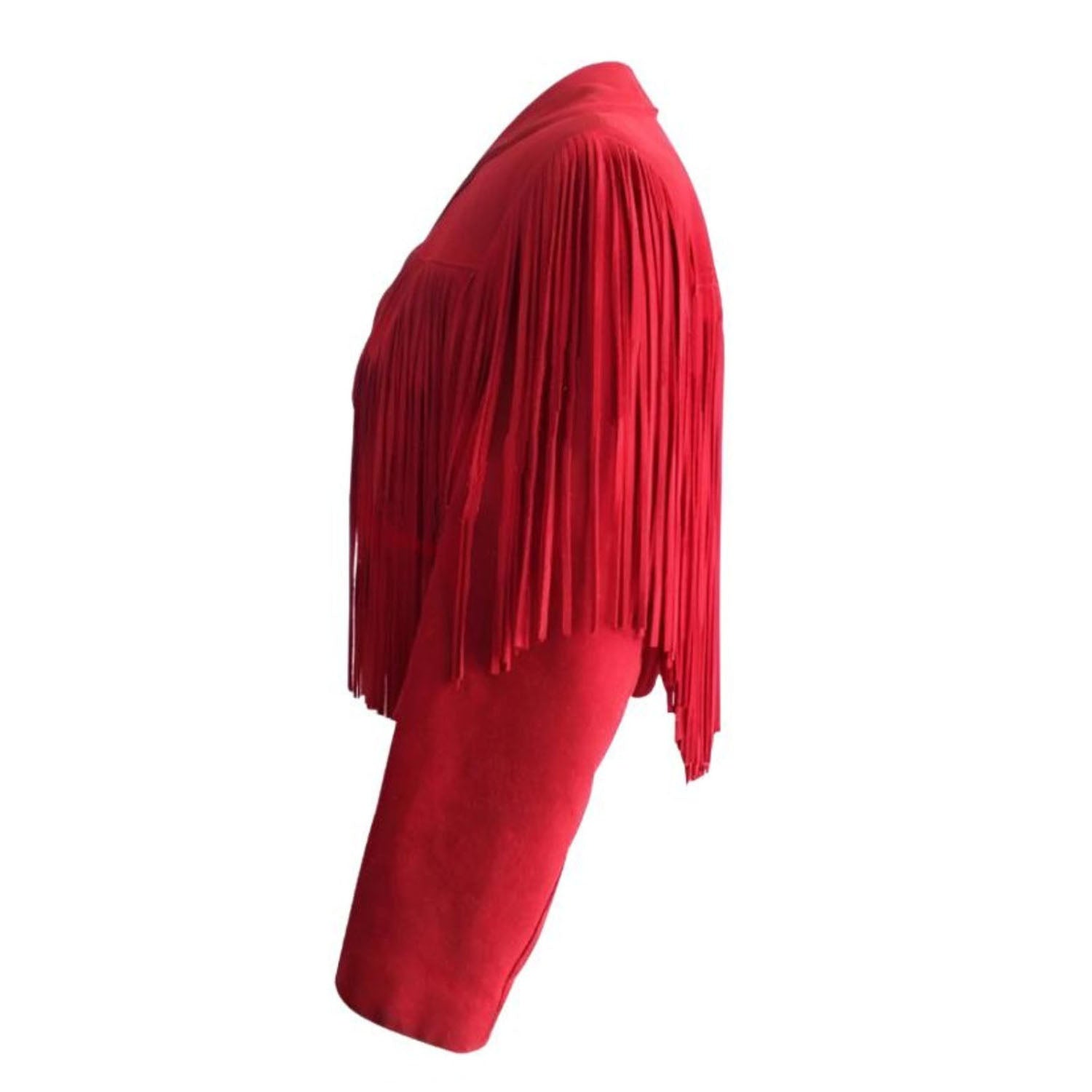 Western Red Suede Leather Fringe Cowgirl Short Jacket side view