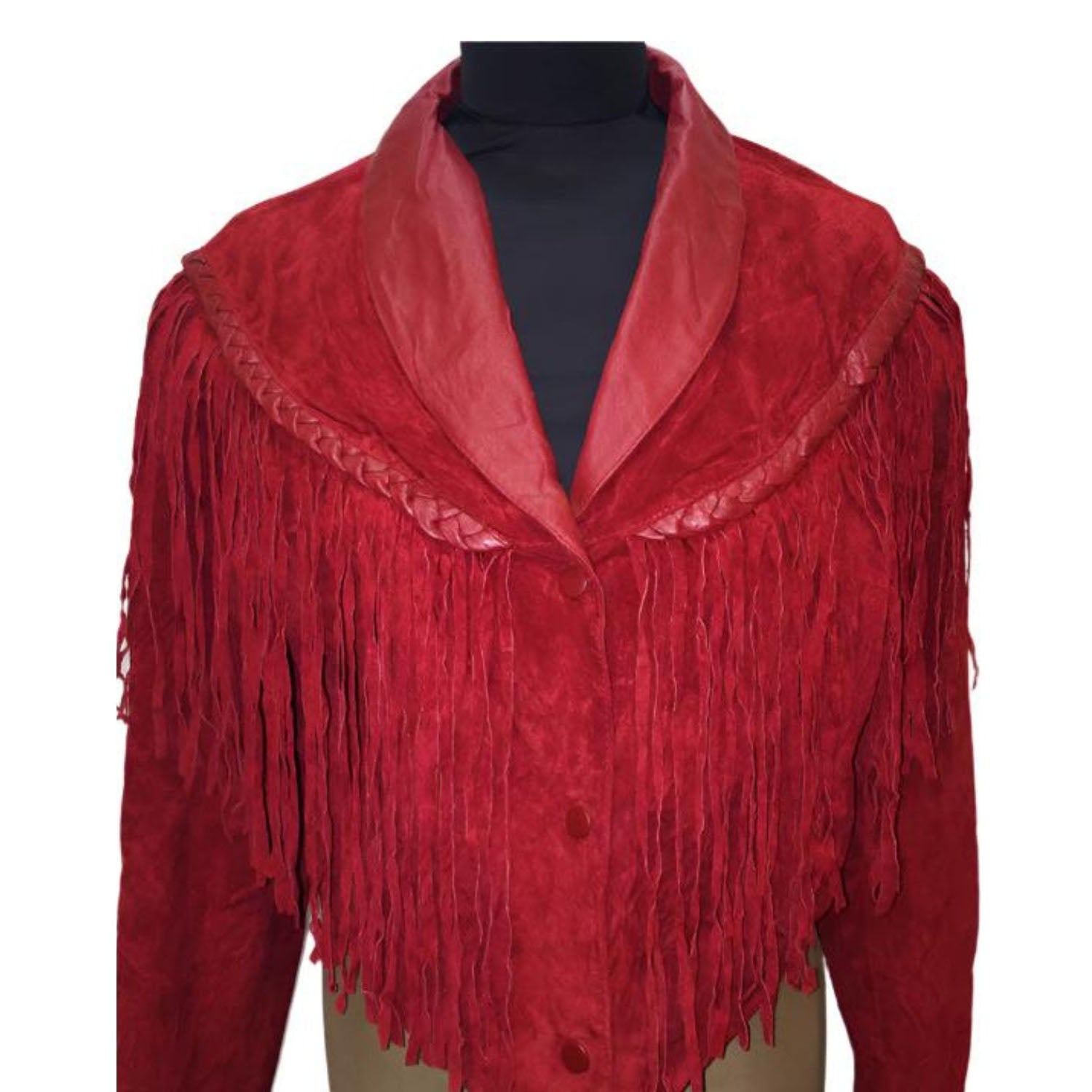 Western Red Suede Leather Fringes Cowgirl Jacket front view