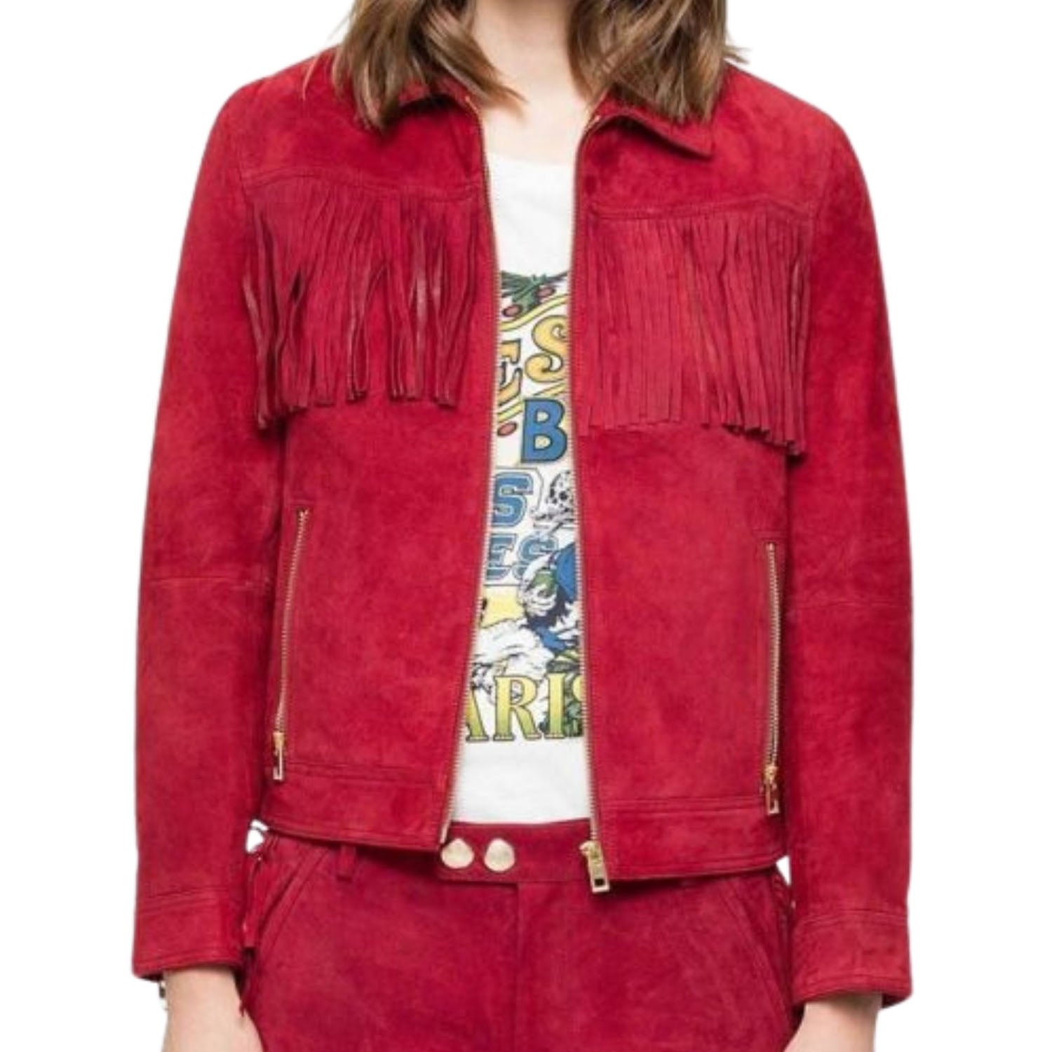 Western Red Suede Leather Fringes Cowgirl Jacket front view