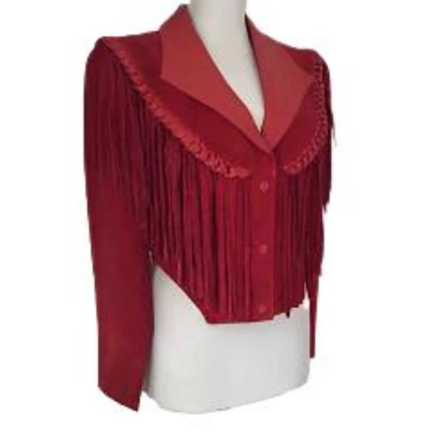 Western Red Suede Leather Fringes Cowgirl Jacket front view
