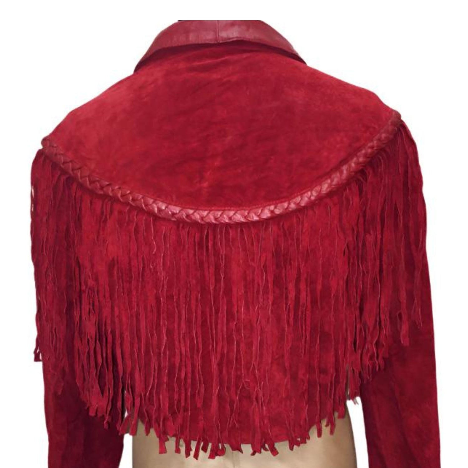 Western Red Suede Leather Fringes Cowgirl Jacket side view