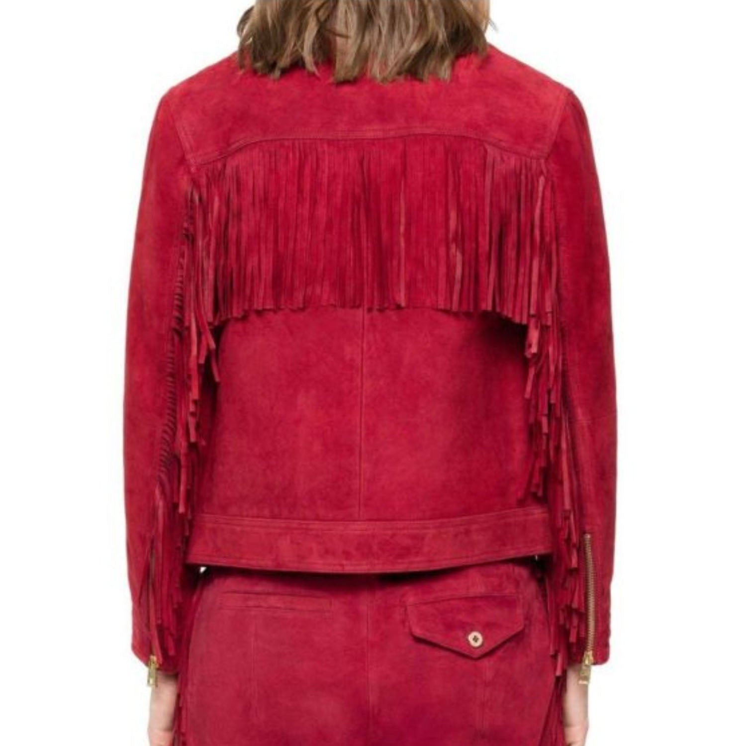 Western Red Suede Leather Fringes Cowgirl Jacket side view
