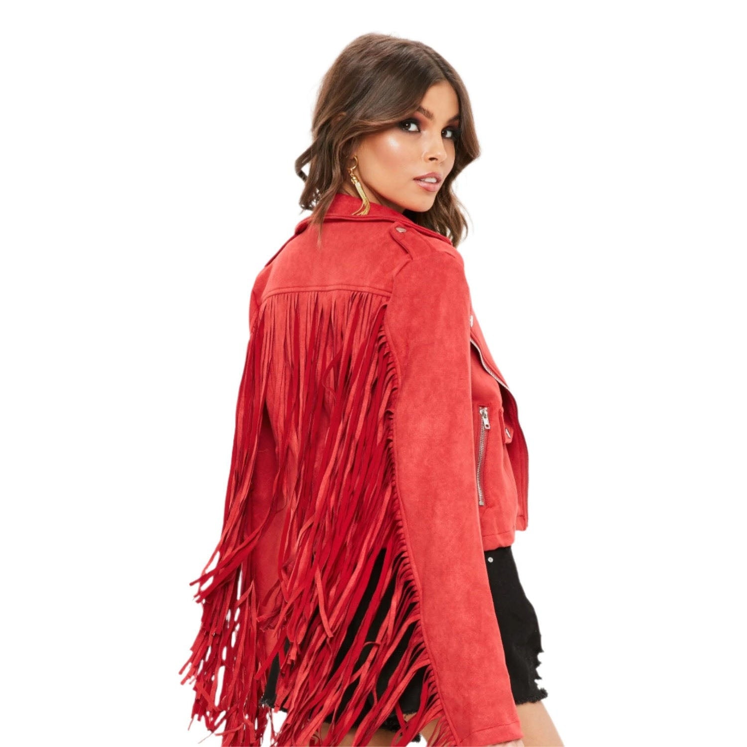 Western Red Suede Leather Long Fringe Cowgirl Jacket back view
