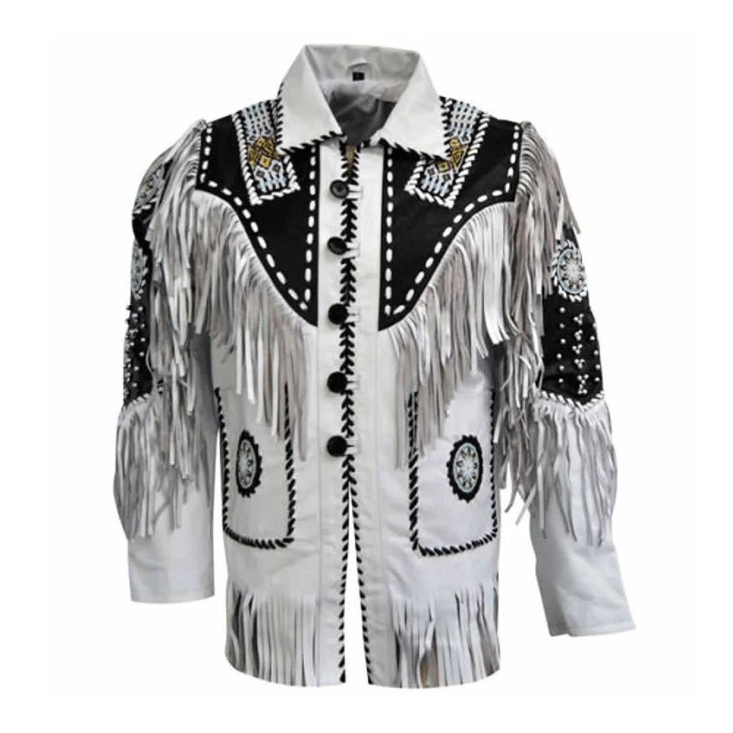 Back view of the white leather fringe jacket with beaded detailing for men