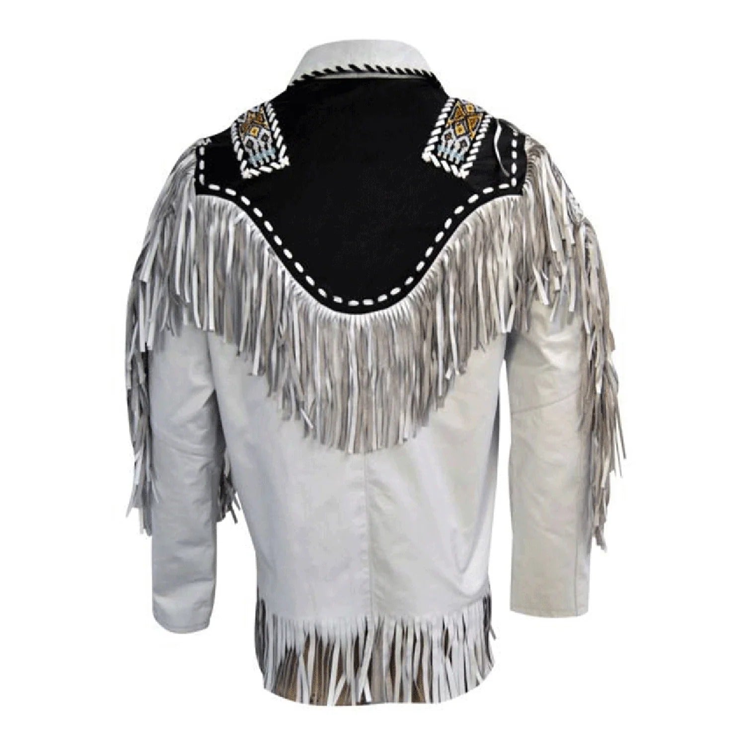 Close-up detail of the white leather fringe jacket with beaded detailing for men
