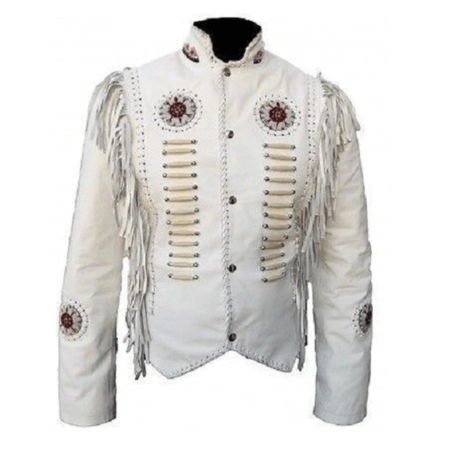 Front view showing the white leather fringe jacket with beaded detailing