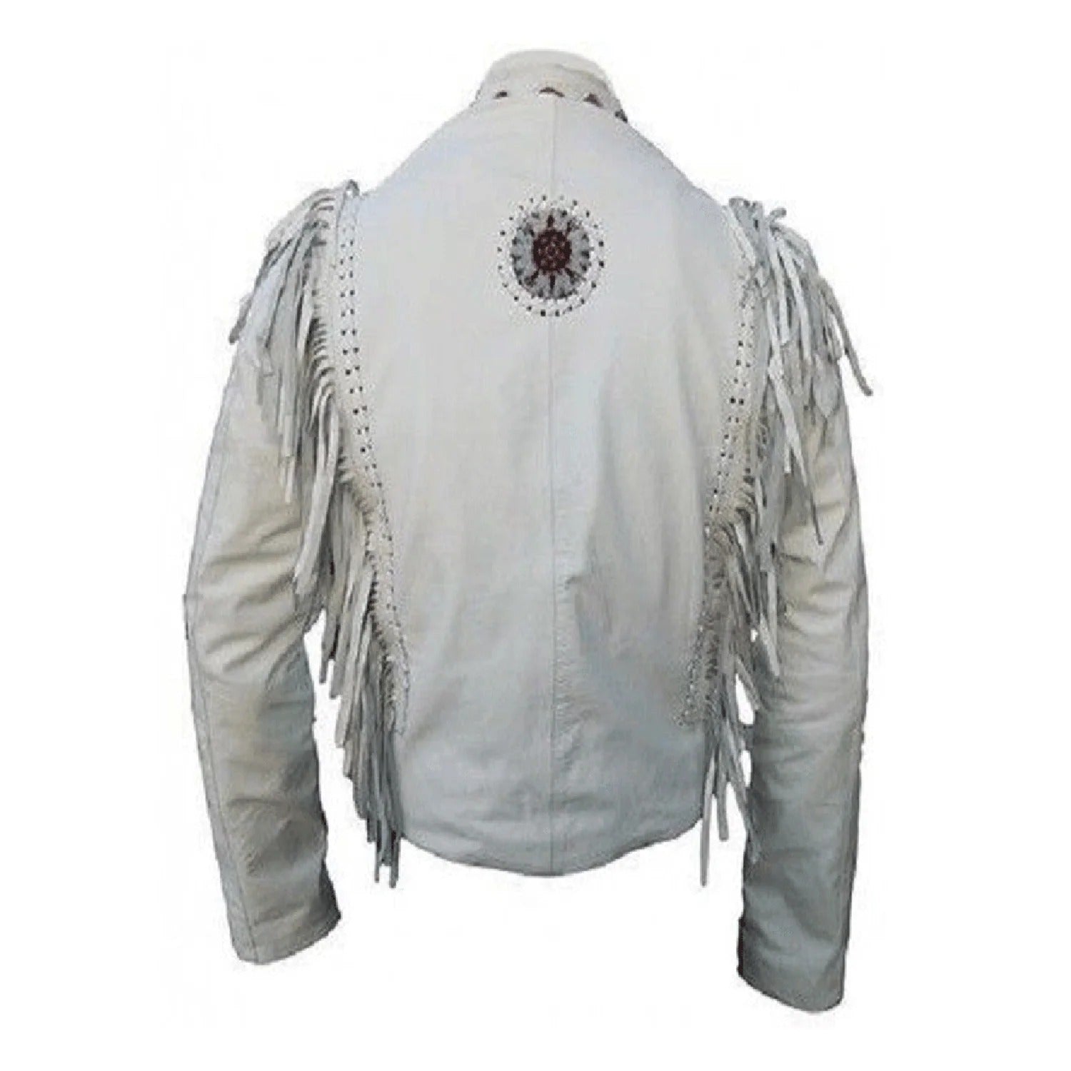 Side profile showing the white leather fringe jacket with beaded detailing