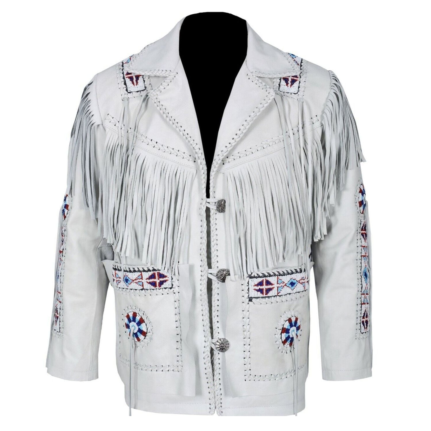 The white leather fringe jacket with beaded detailing, pictured in detail