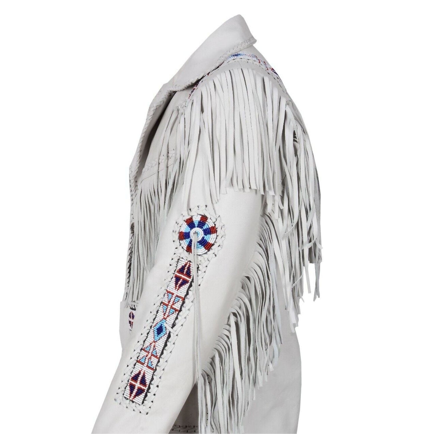 The white leather fringe jacket with beaded detailing, pictured from the front