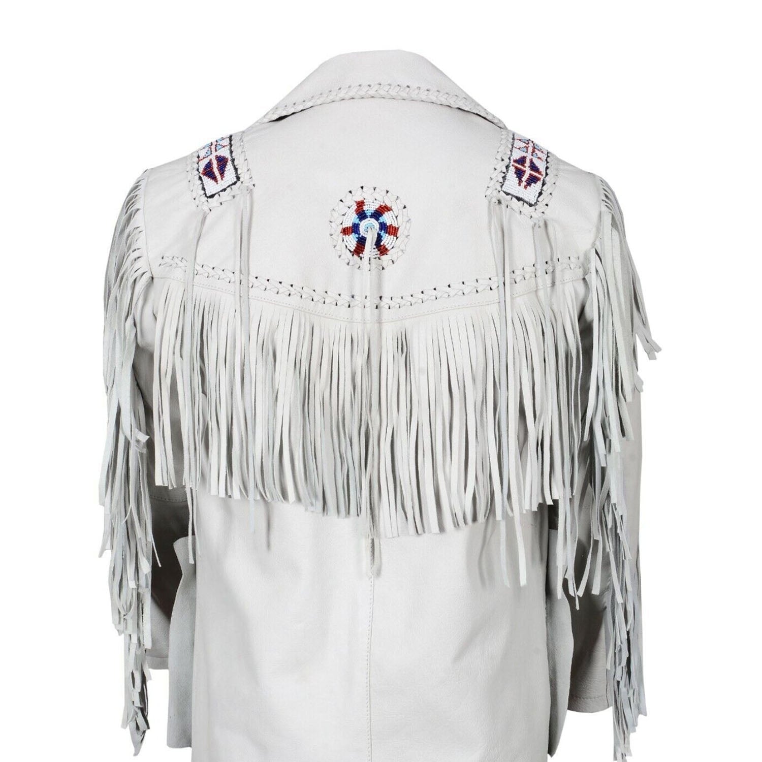 The white leather fringe jacket with beaded detailing, pictured from the side