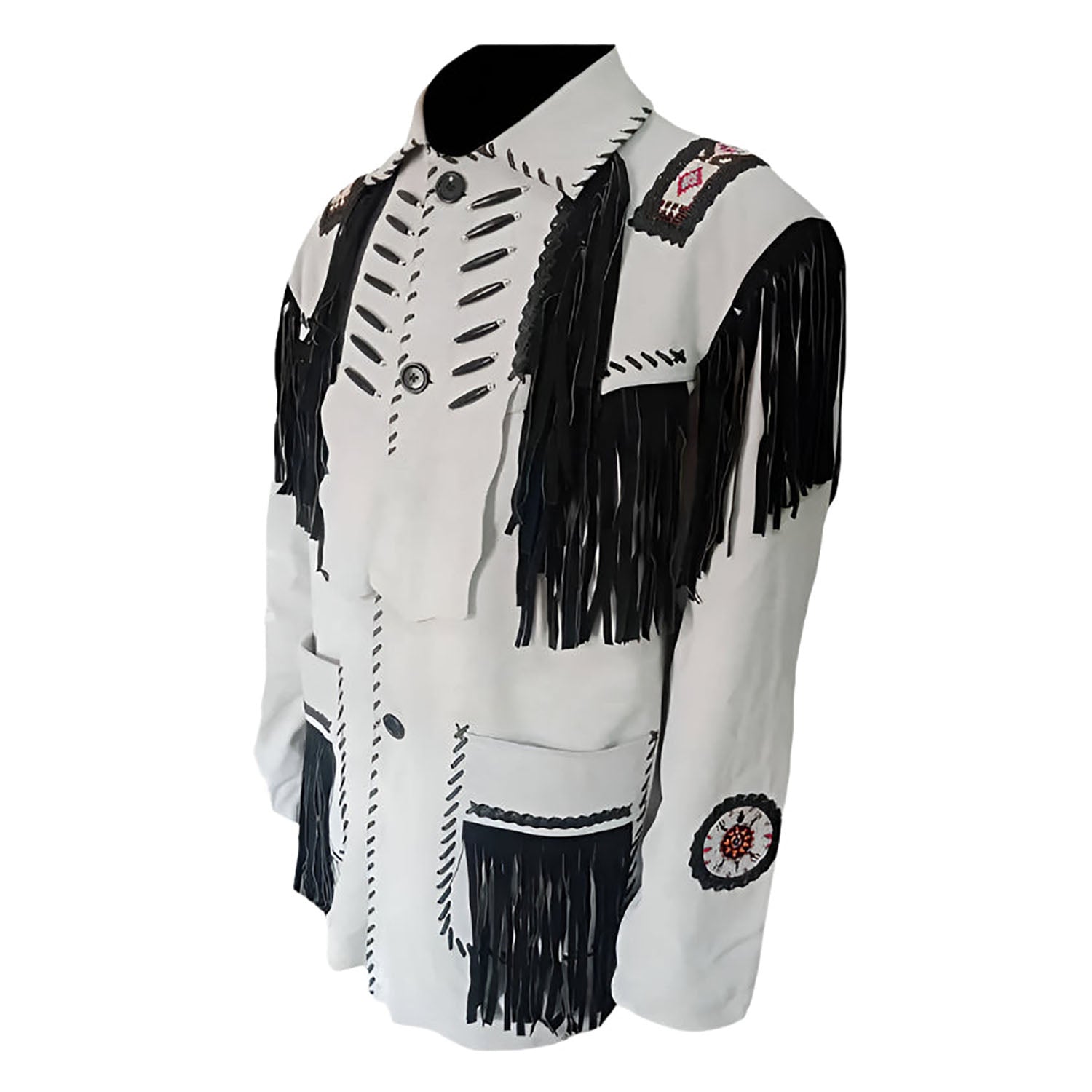 White leather fringe jacket with beaded detailing, full display