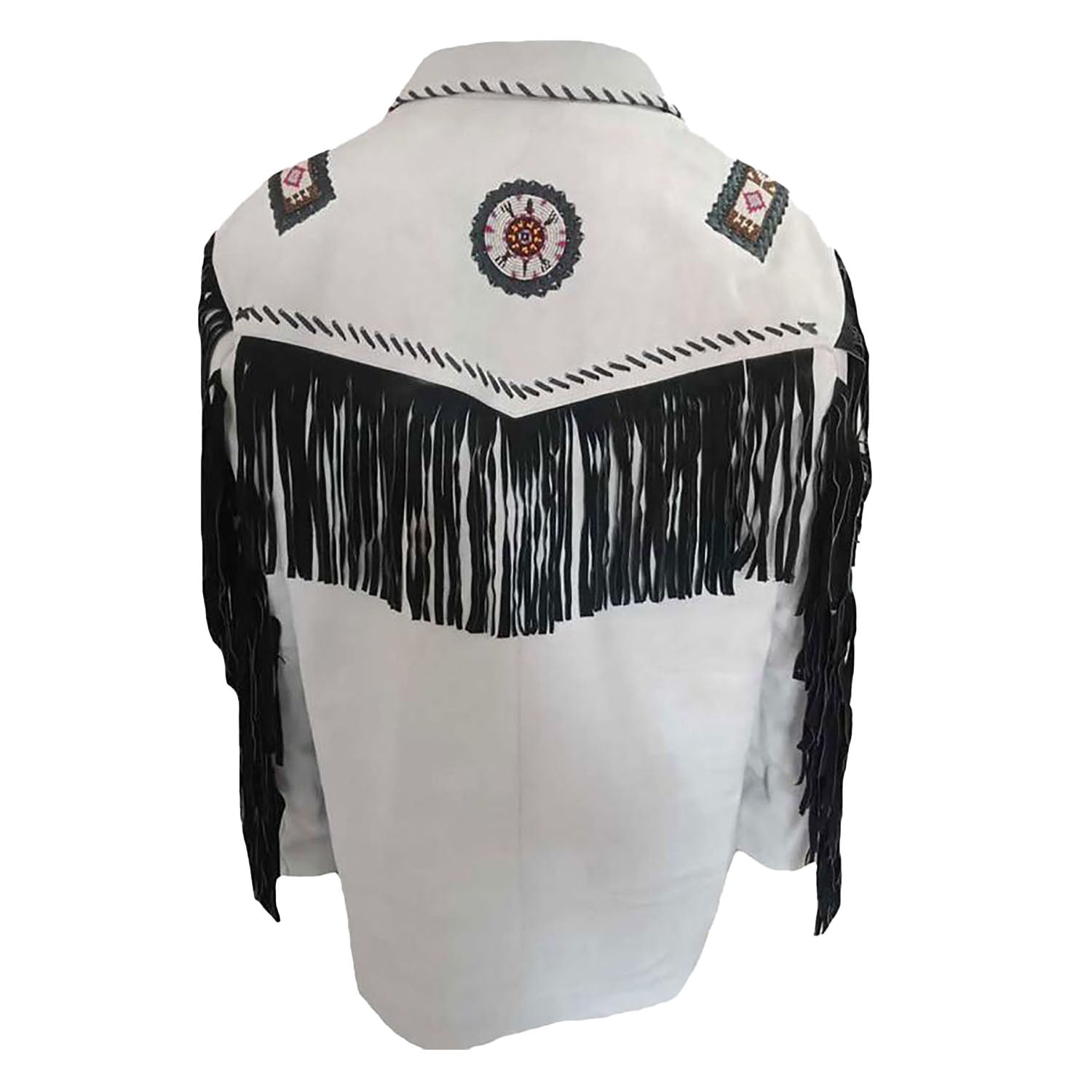 White leather fringe jacket with beaded detailing, detail shot
