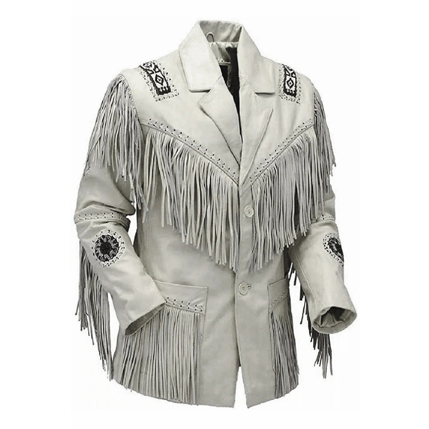 Worn styled look of the white leather fringe jacket with beaded detailing for men