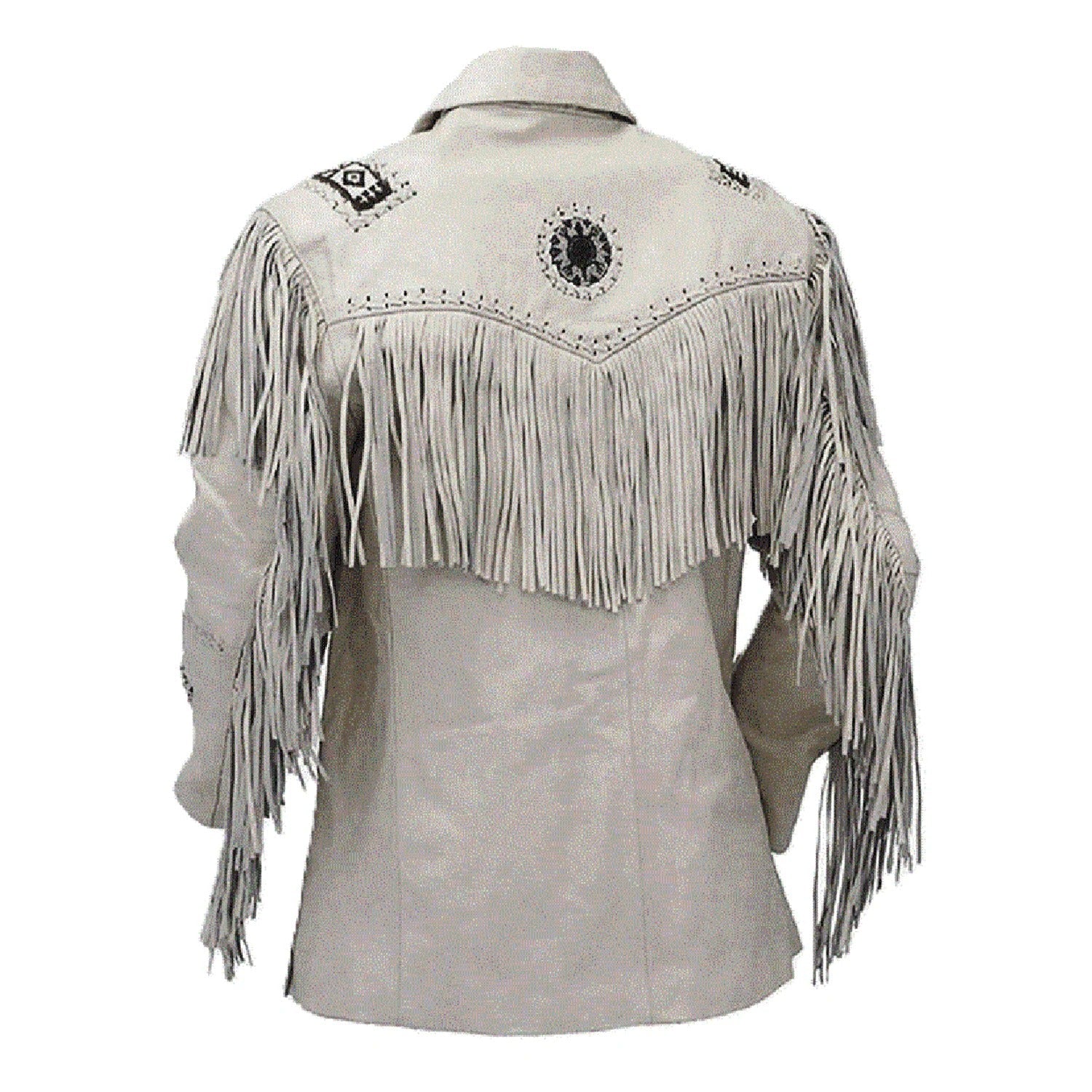 Full display of the white leather fringe jacket with beaded detailing for men