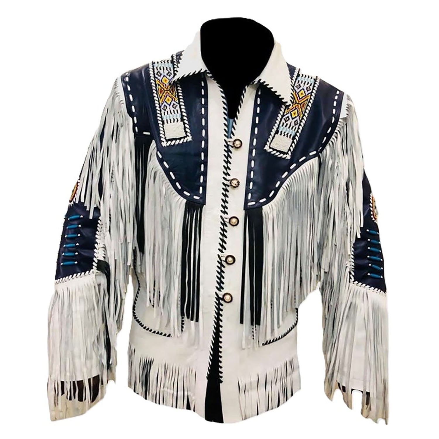 Close-up detail showing the white leather fringe jacket with beaded detailing