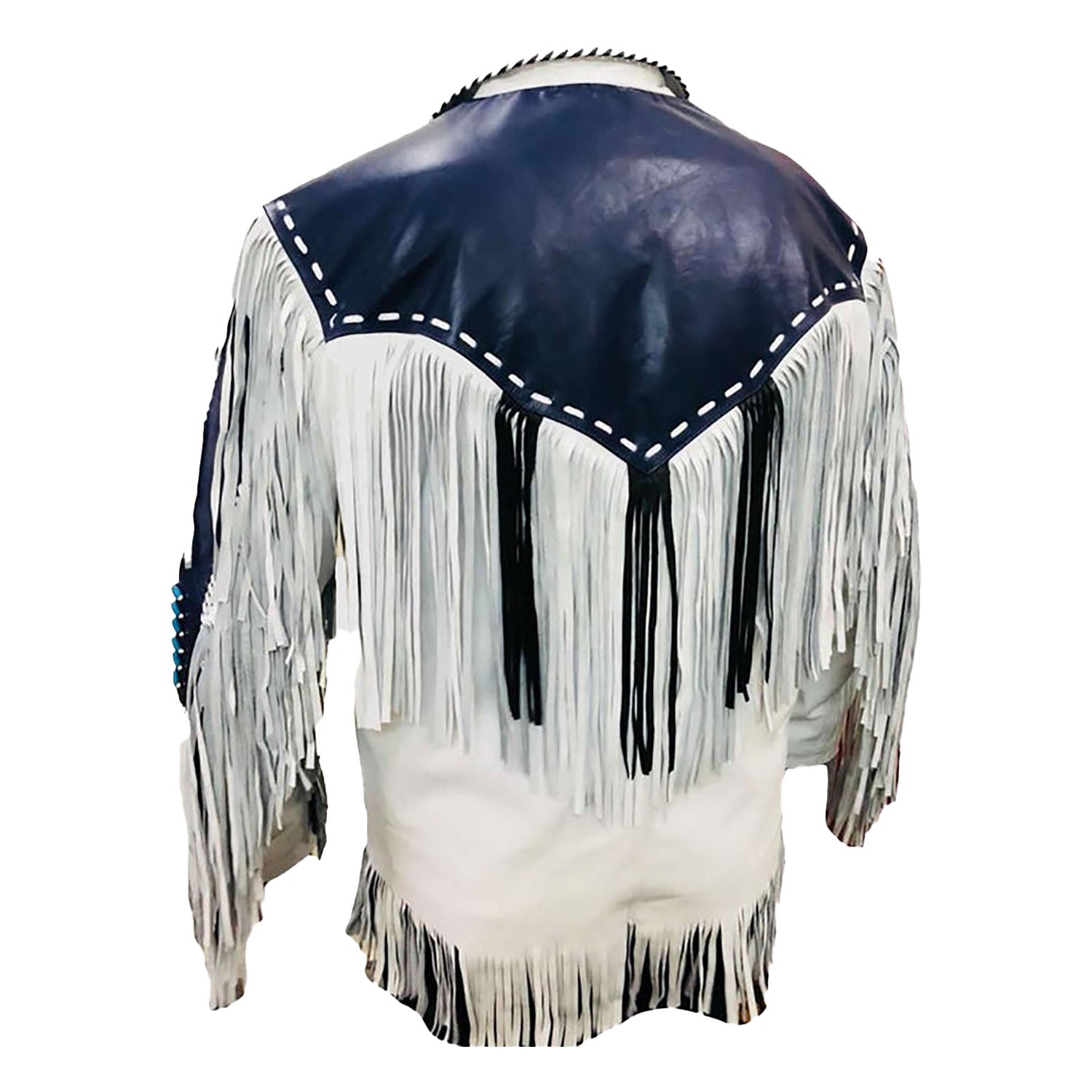 Worn styled look showing the white leather fringe jacket with beaded detailing