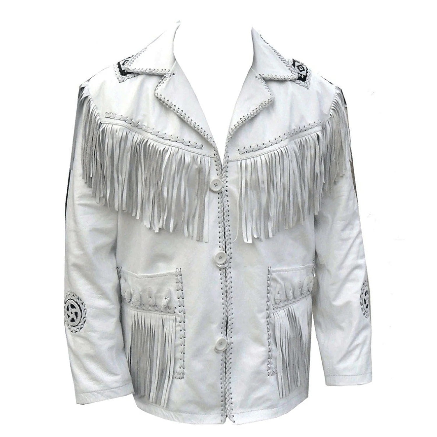 White leather fringe jacket with beaded detailing, side profile