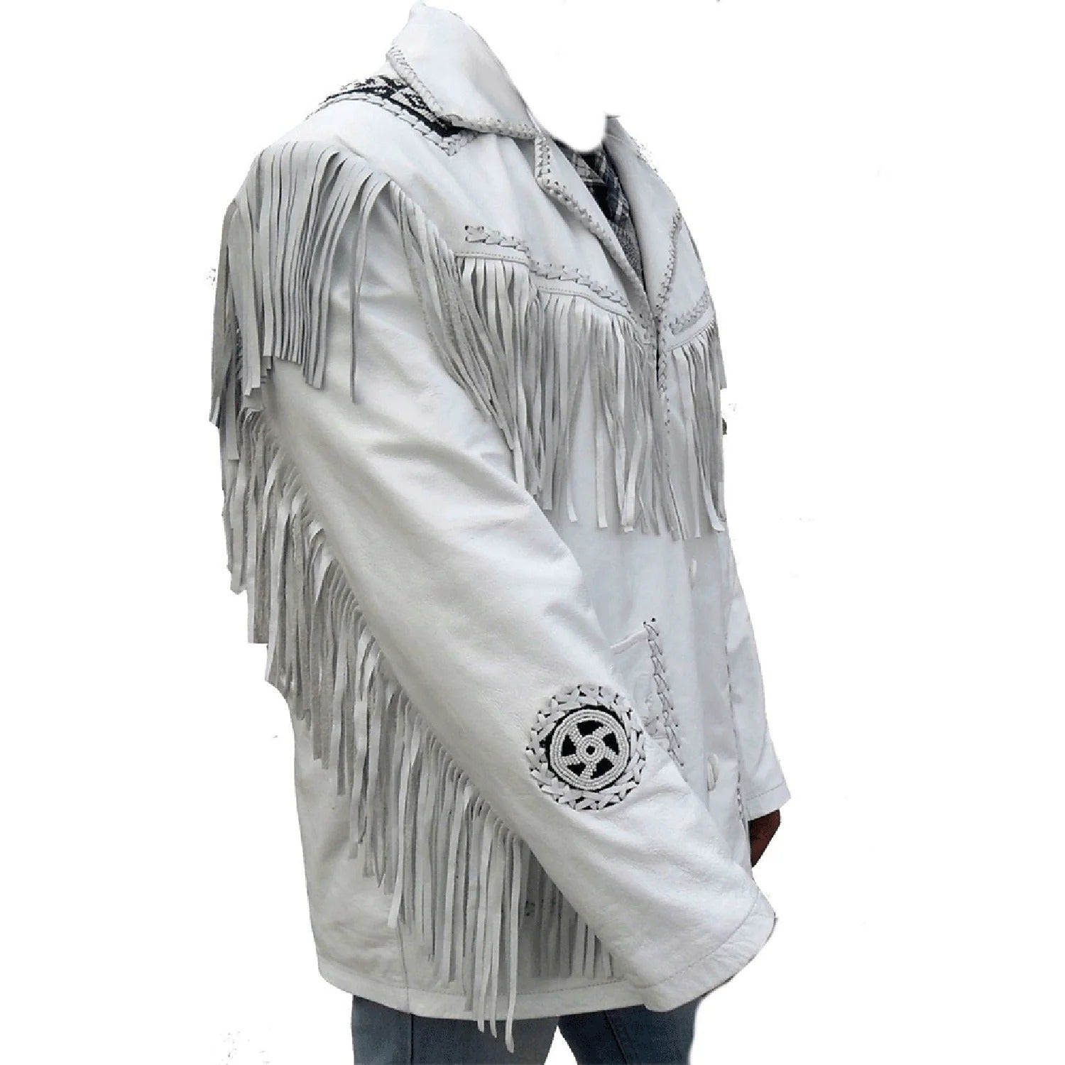 White leather fringe jacket with beaded detailing, back view