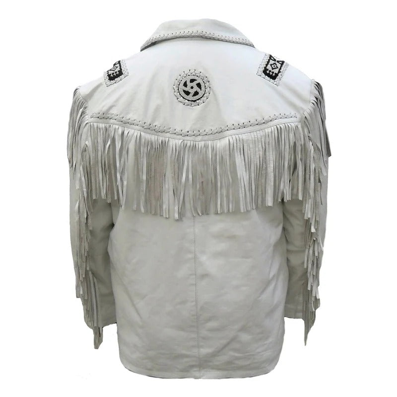 White leather fringe jacket with beaded detailing, close-up detail