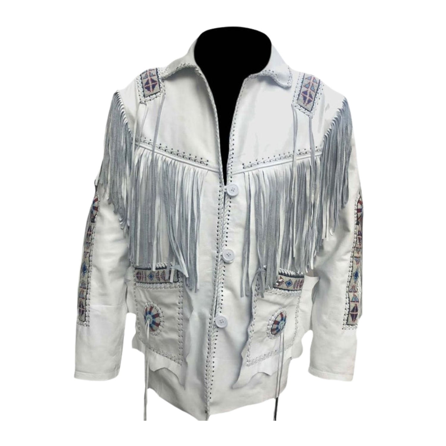 The white leather fringe jacket with beaded detailing, pictured from the back