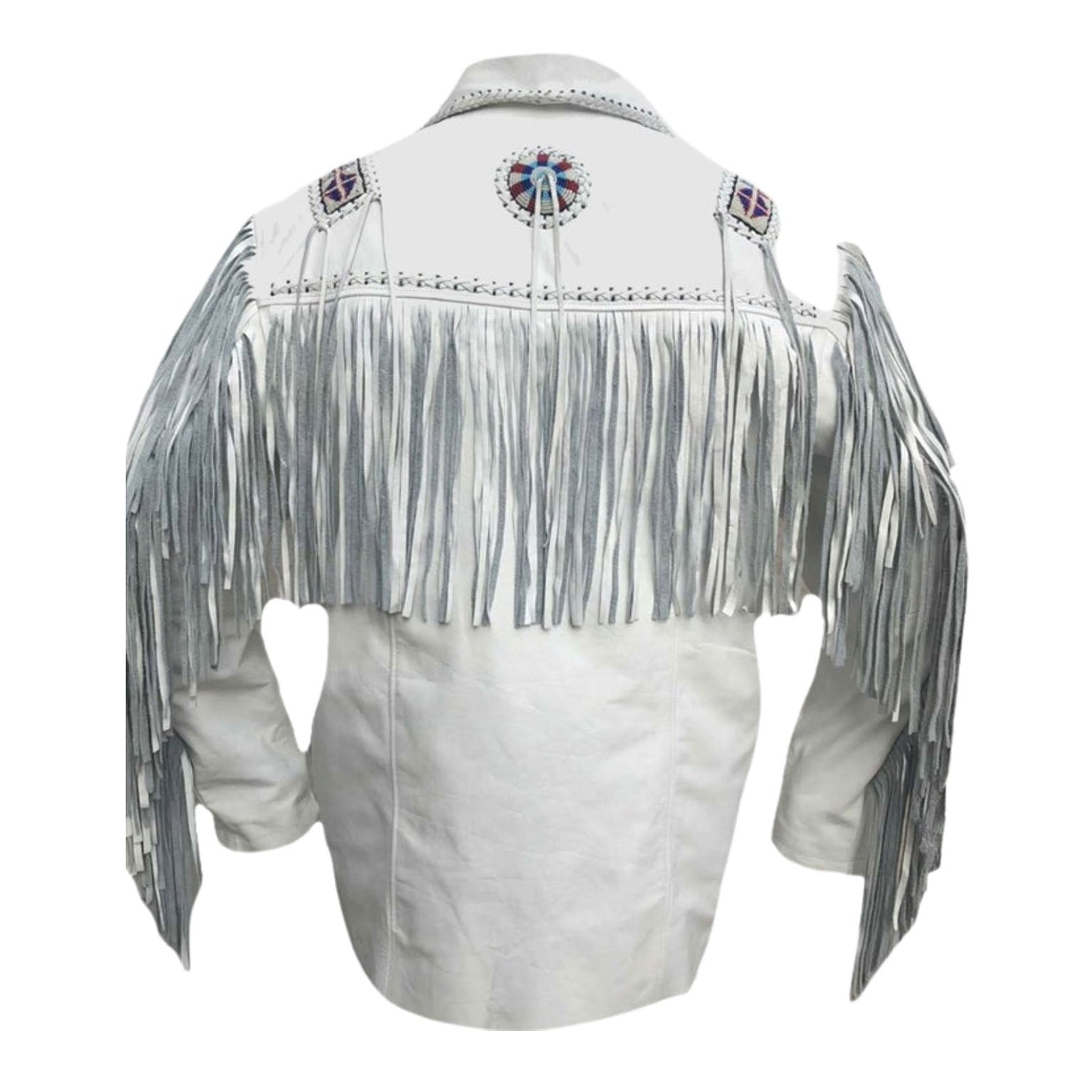 The white leather fringe jacket with beaded detailing, pictured in close-up