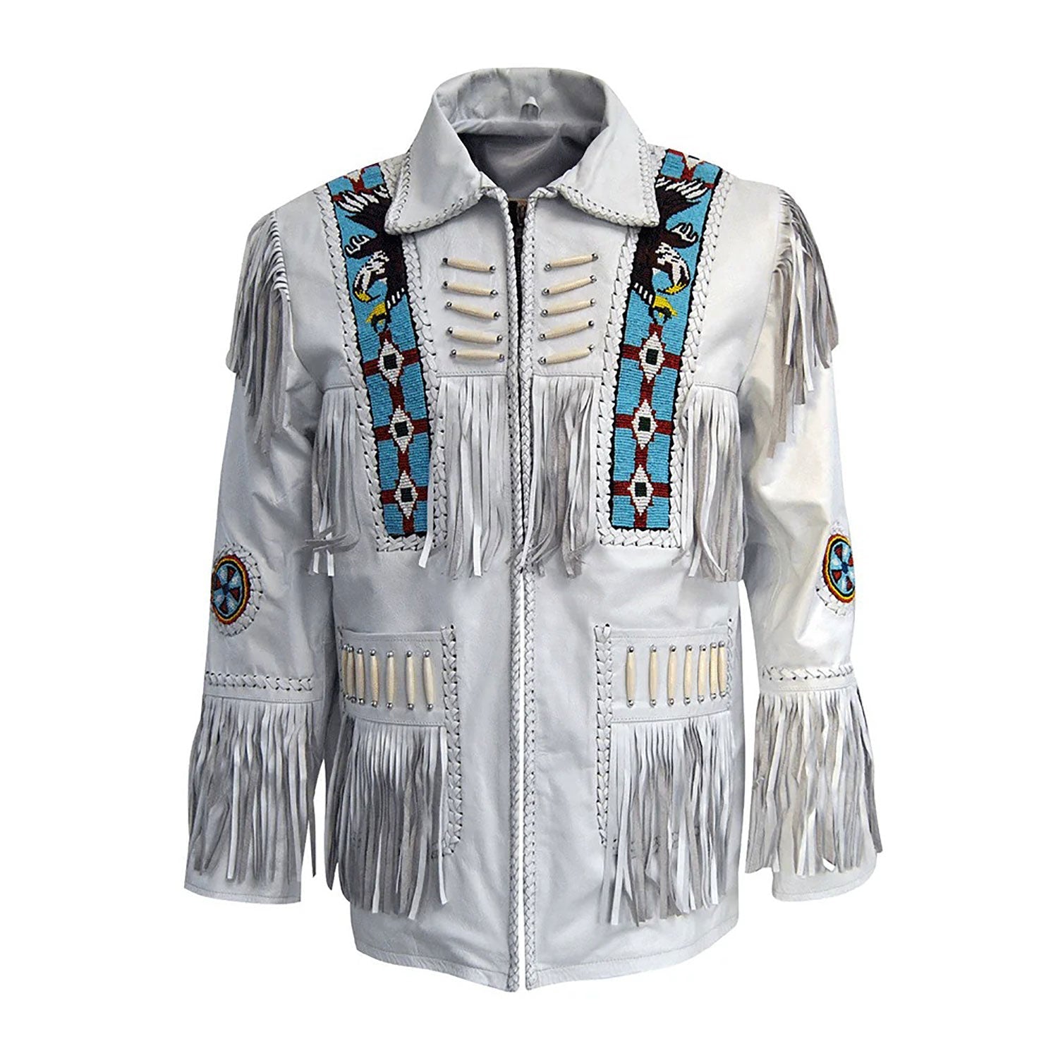Front view of the white leather fringe jacket with eagle beadwork for men