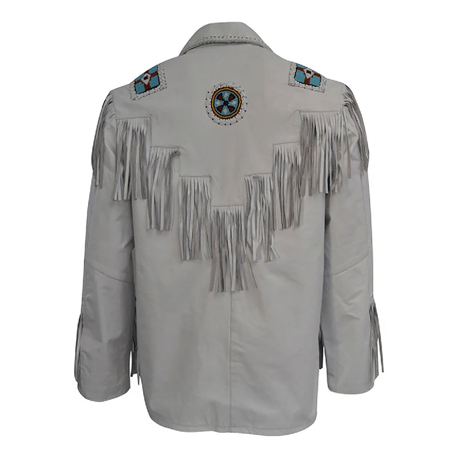 Side profile of the white leather fringe jacket with beaded detailing for men
