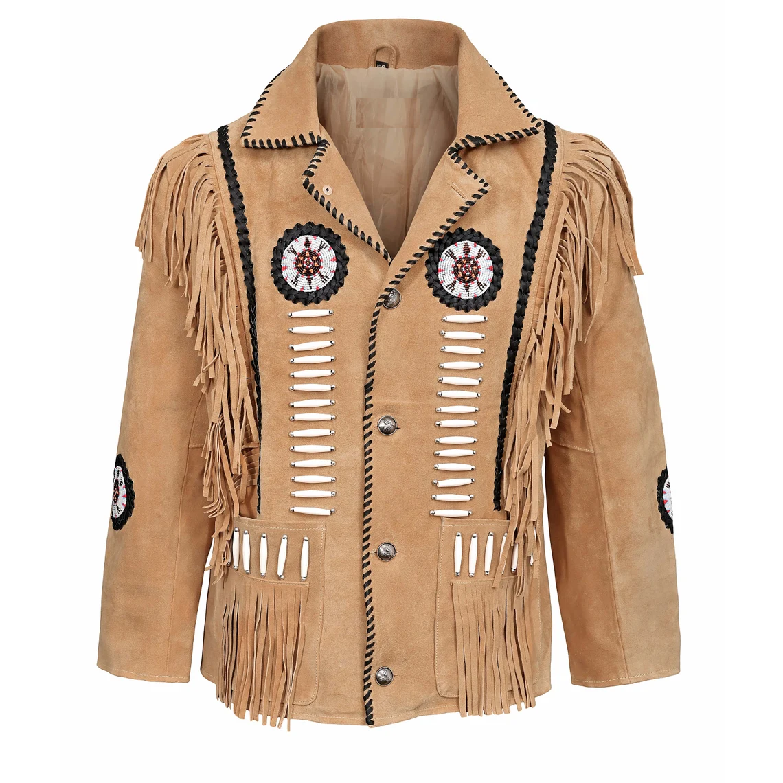The beige suede leather fringe jacket with beaded detailing, pictured worn and styled