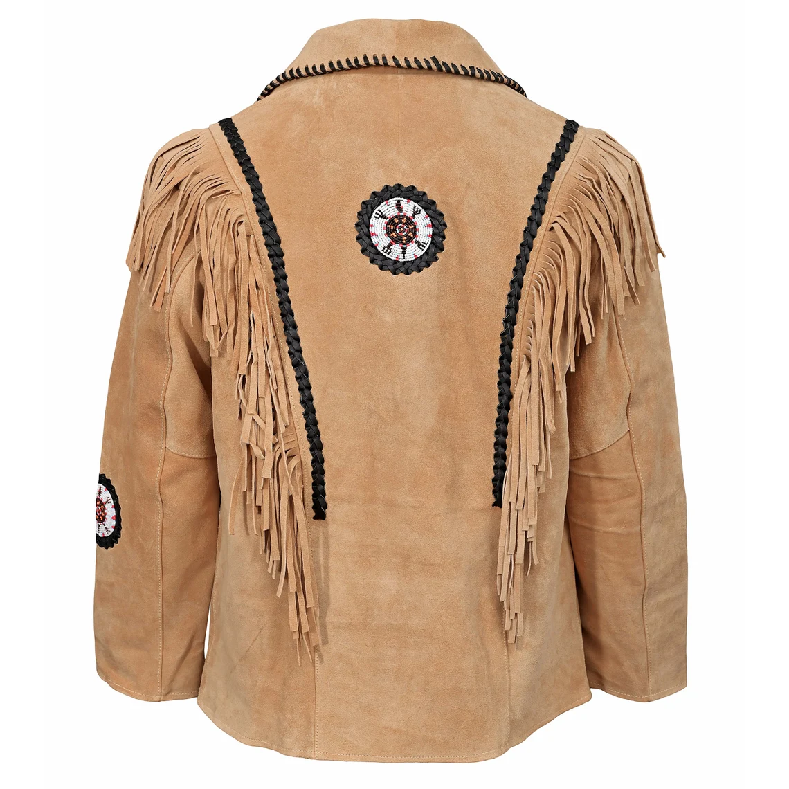 The beige suede leather fringe jacket with beaded detailing, pictured in full display