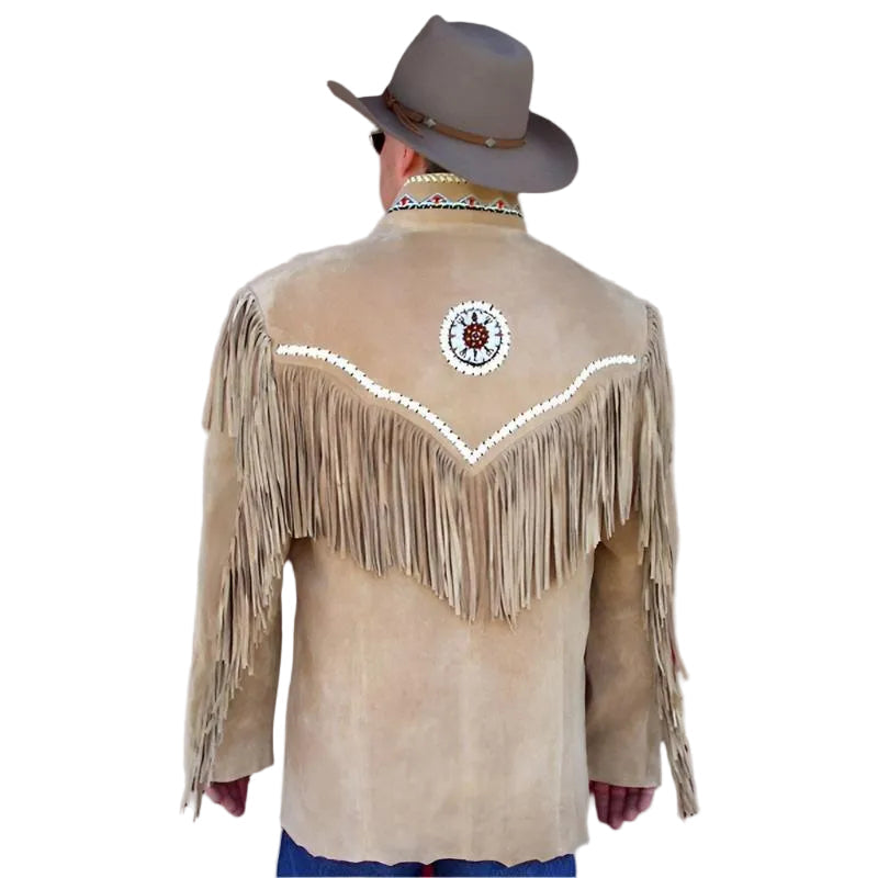 Beige suede leather fringe jacket with beaded detailing, worn styled look