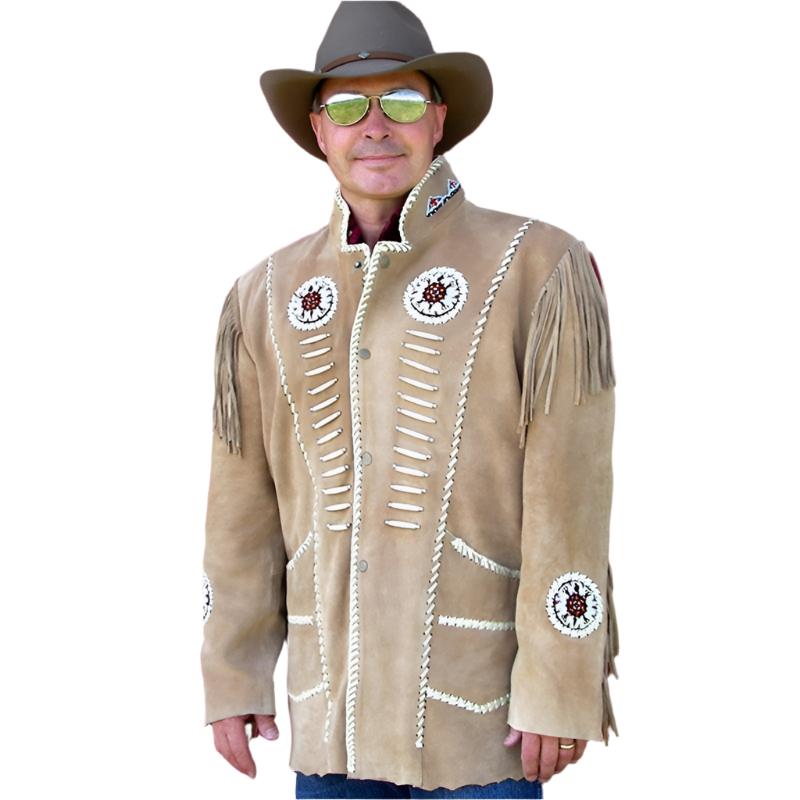 Beige suede leather fringe jacket with beaded detailing, close-up detail