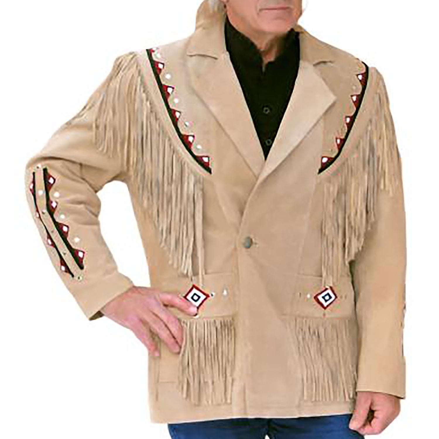 Back view of the beige suede leather fringe jacket with beaded detailing for men