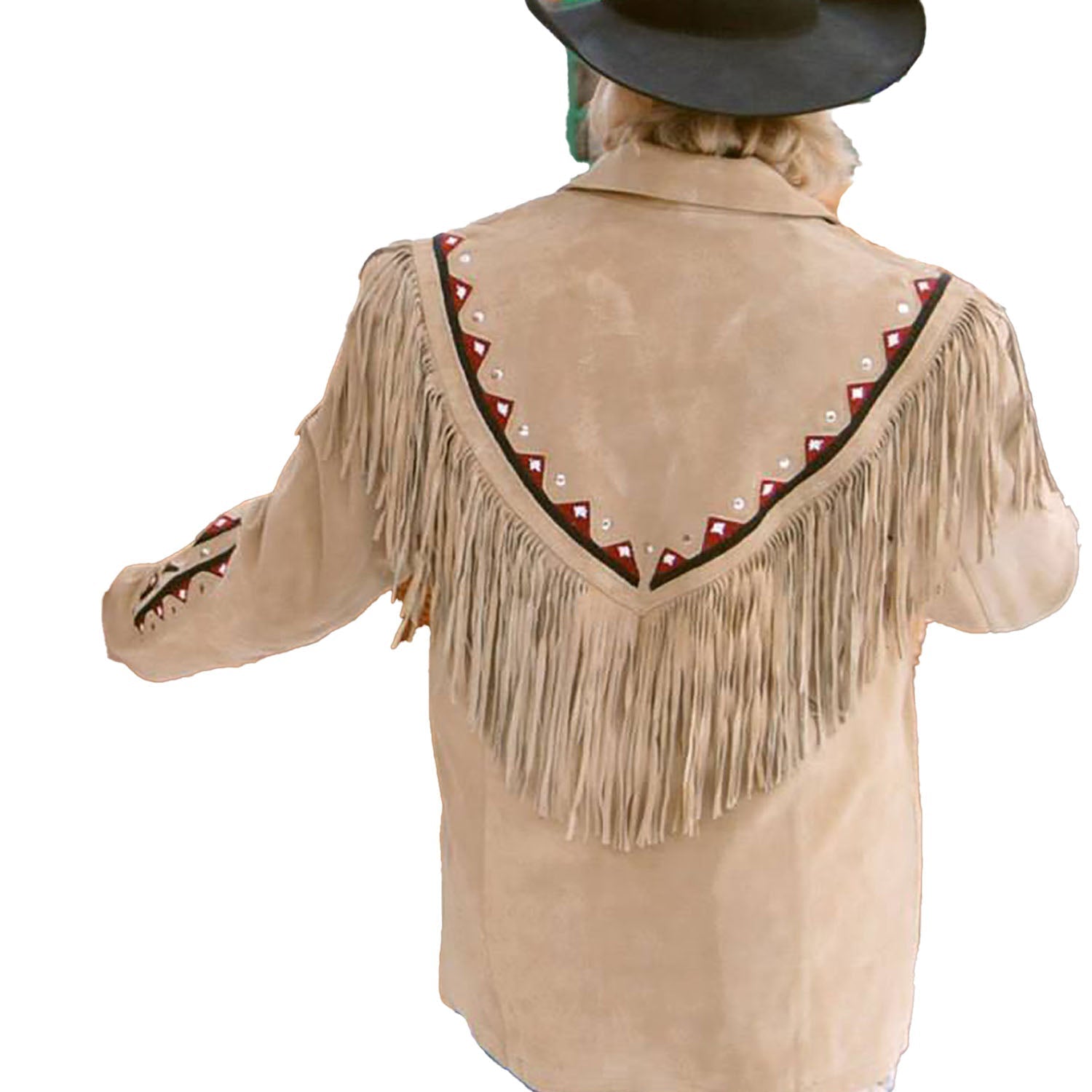 Close-up detail of the beige suede leather fringe jacket with beaded detailing for men
