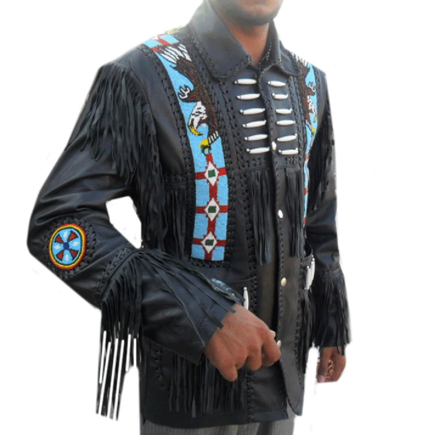 Detail shot showing the black leather fringe jacket with eagle beadwork