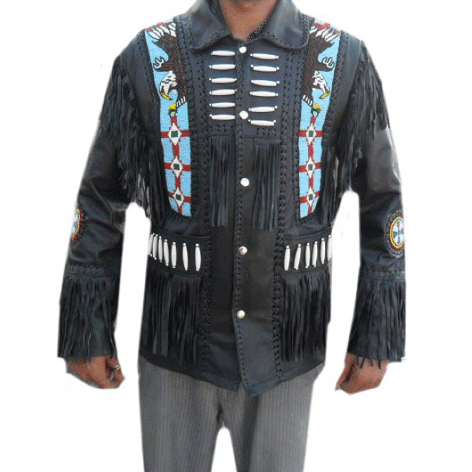 Front view showing the black leather fringe jacket with beaded detailing