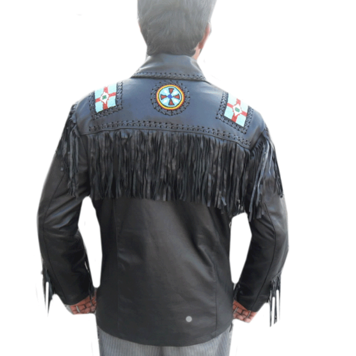 Side profile showing the black leather fringe jacket with eagle beadwork