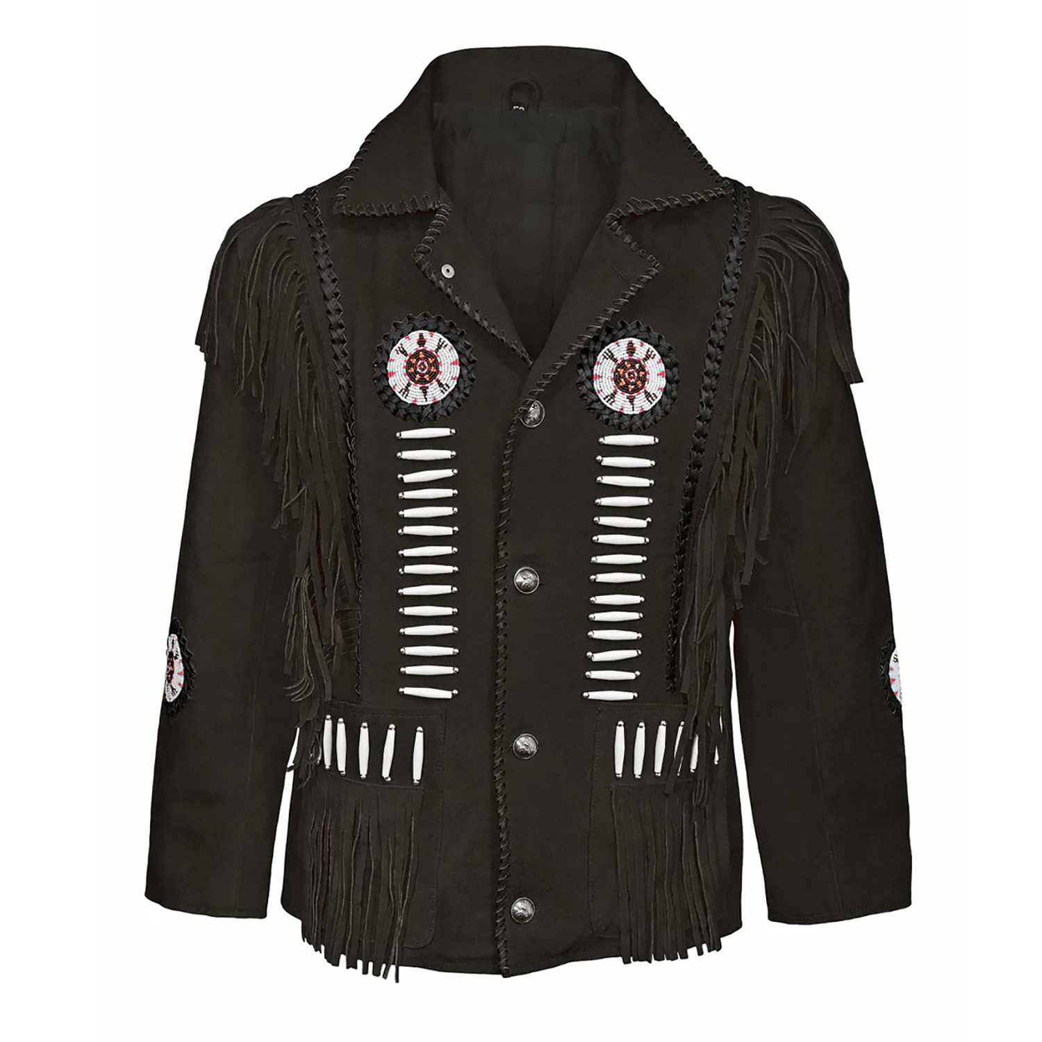 Front View of the black suede leather fringe jacket for men