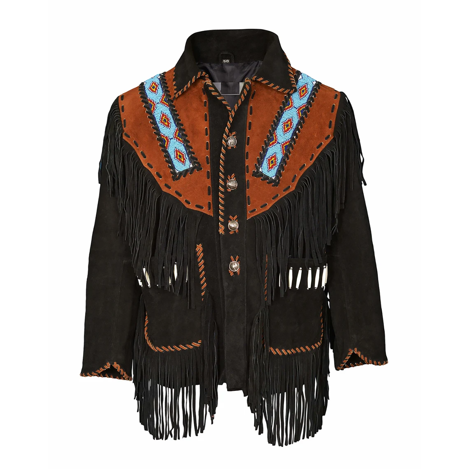 Front View of the black suede leather fringe jacket for men