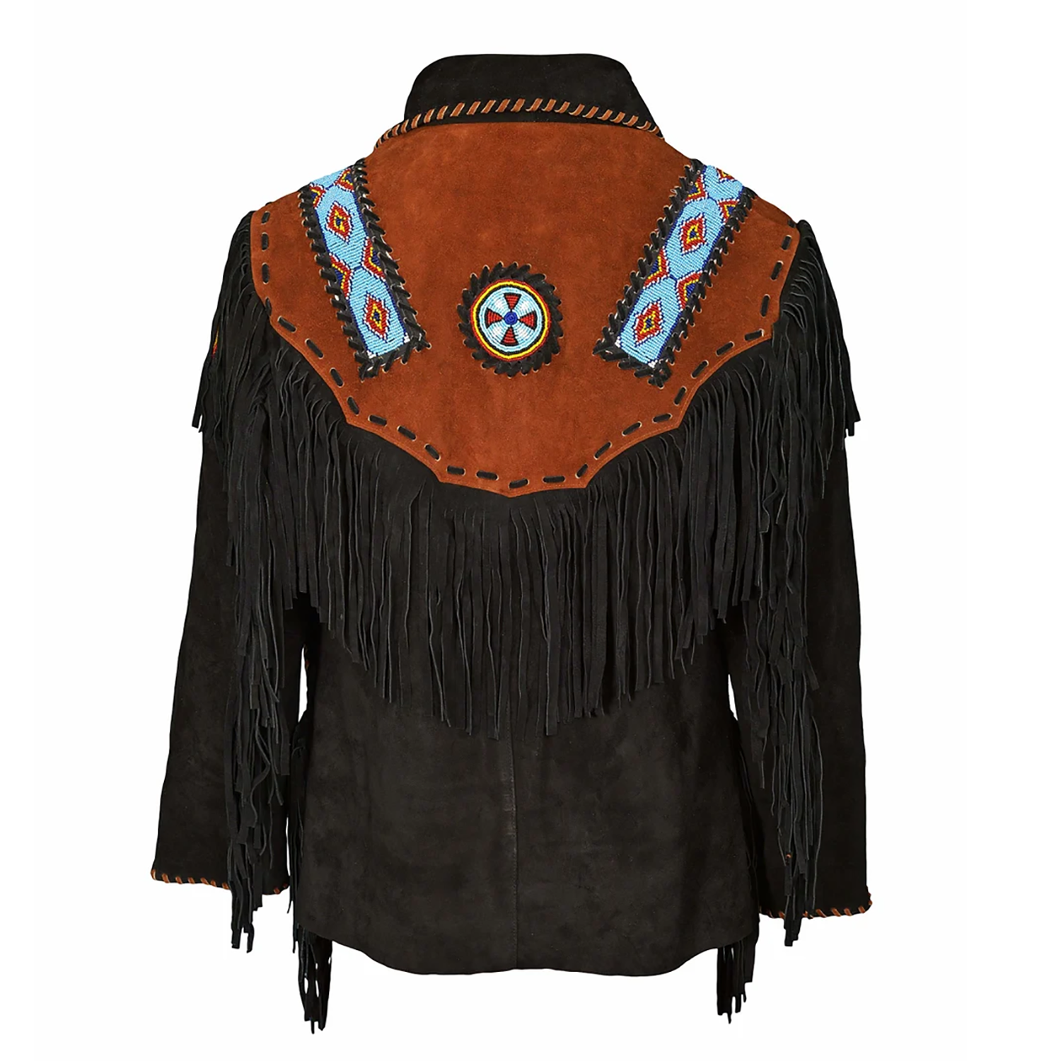 Back View of the black suede leather fringe jacket for men