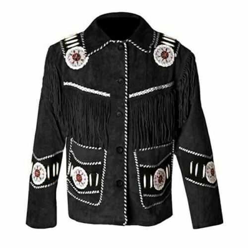 Black suede leather fringe jacket with beaded detailing, back view