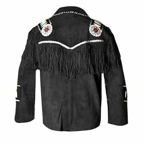 Black suede leather fringe jacket with beaded detailing, close-up detail