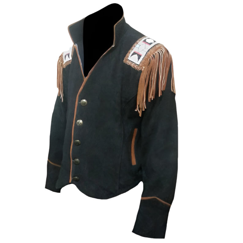 Front view showing the black suede leather fringe jacket with beaded detailing