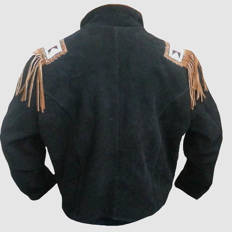 Side profile showing the black suede leather fringe jacket with beaded detailing