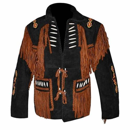 The black suede leather fringe jacket with beaded detailing, pictured in detail